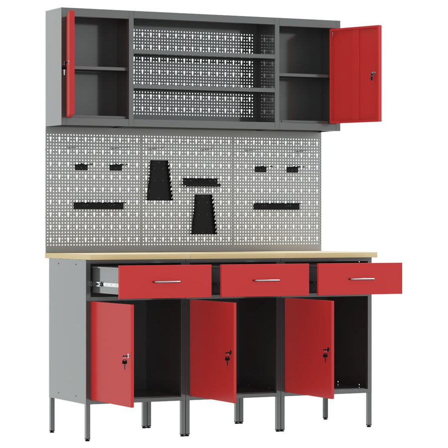 7-Delige Werkbankset In Staal 3x (84 cm) Rood 4x kast + 4x pegboard