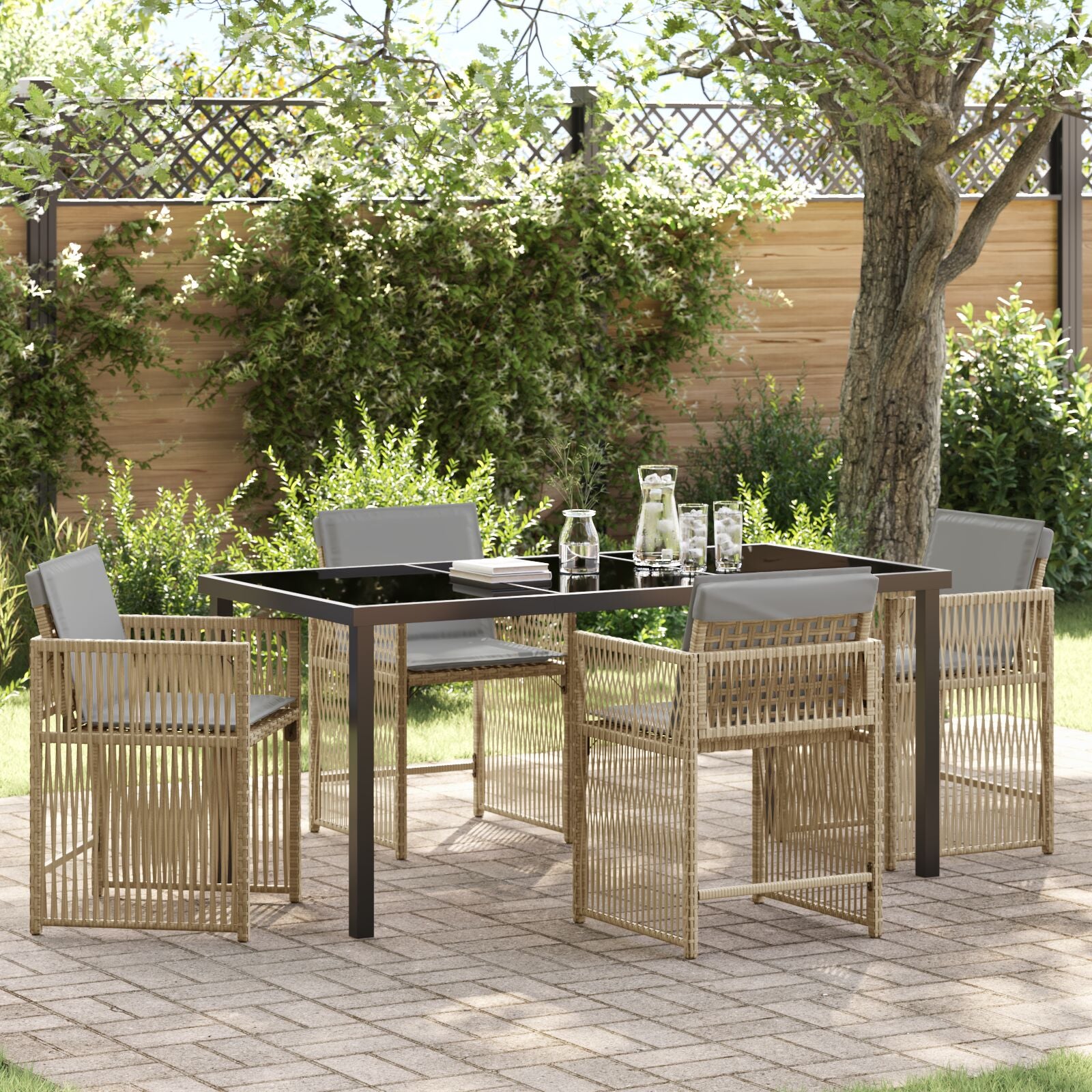 5-Delige Tuin Eetset Met Kussens Beige Poly Rattan