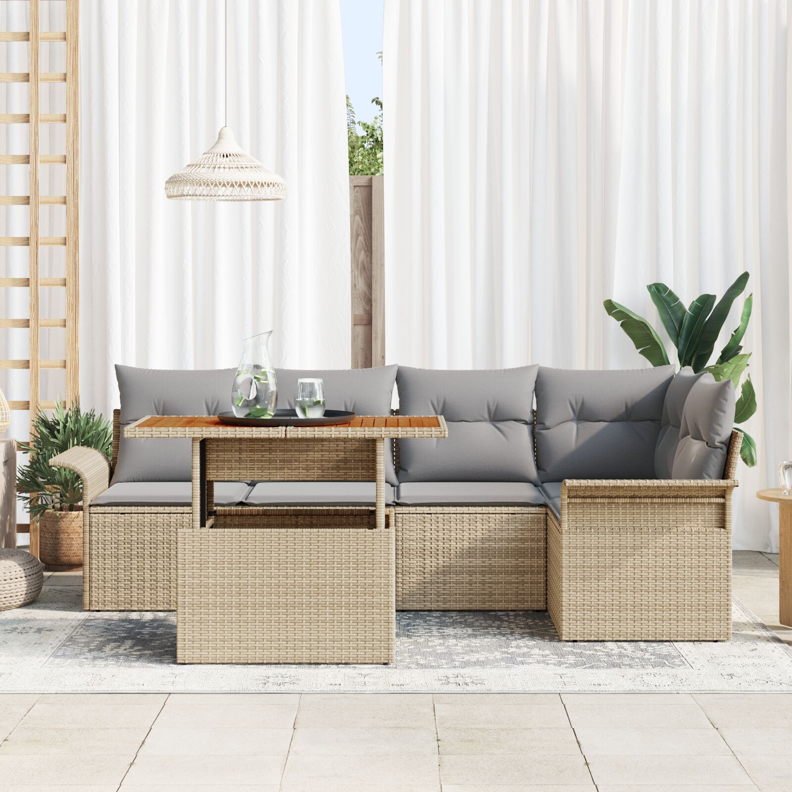 6-Delige Tuin Eetset Met Kussens Beige Poly Rattan Acacia
