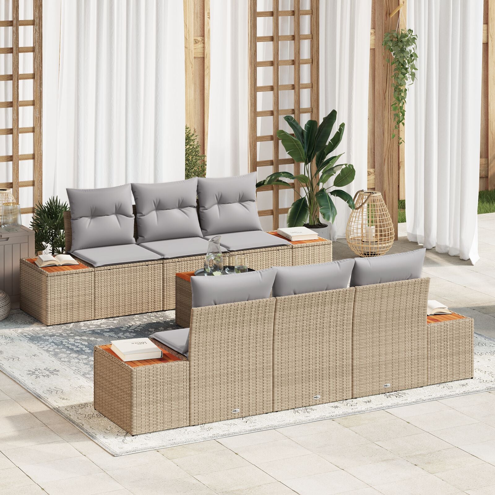7-Delige Tuin Sofa Set Met Kussens Beige Poly Rattan Acacia