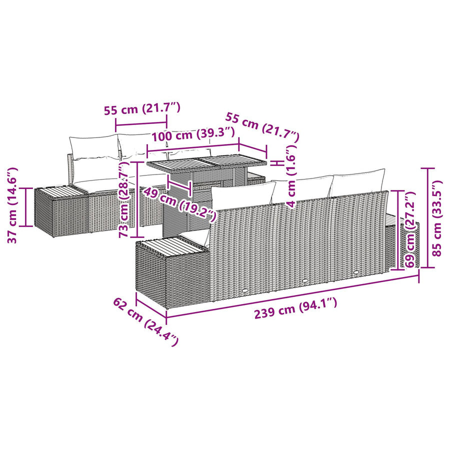 7-Delige Tuin Eetset Met Kussens Zwart Poly Rattan Acaciahout