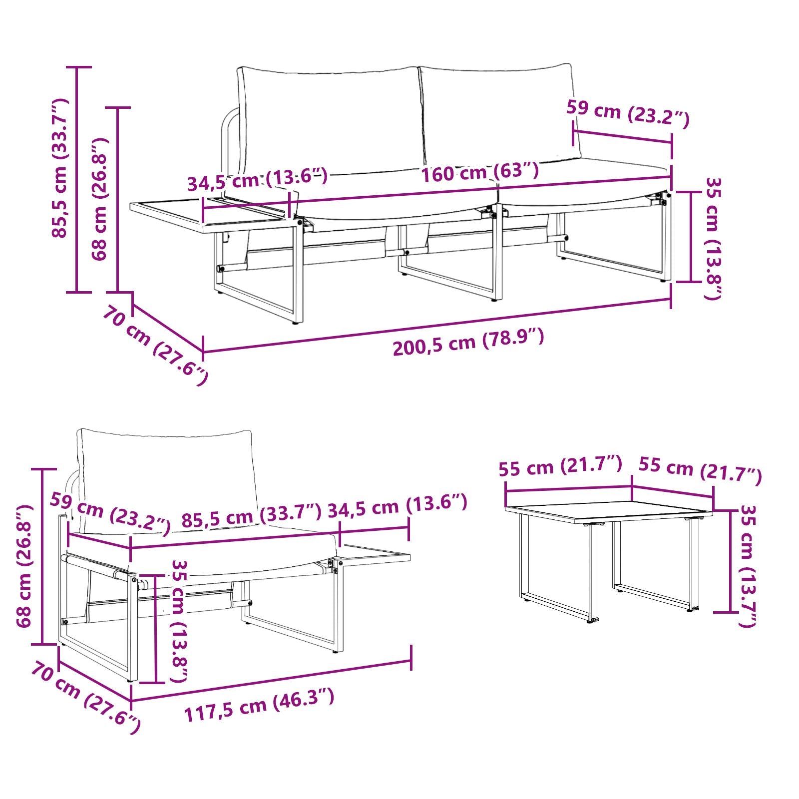 3-Delig Tuinsofa Set Met Taupe Kussens