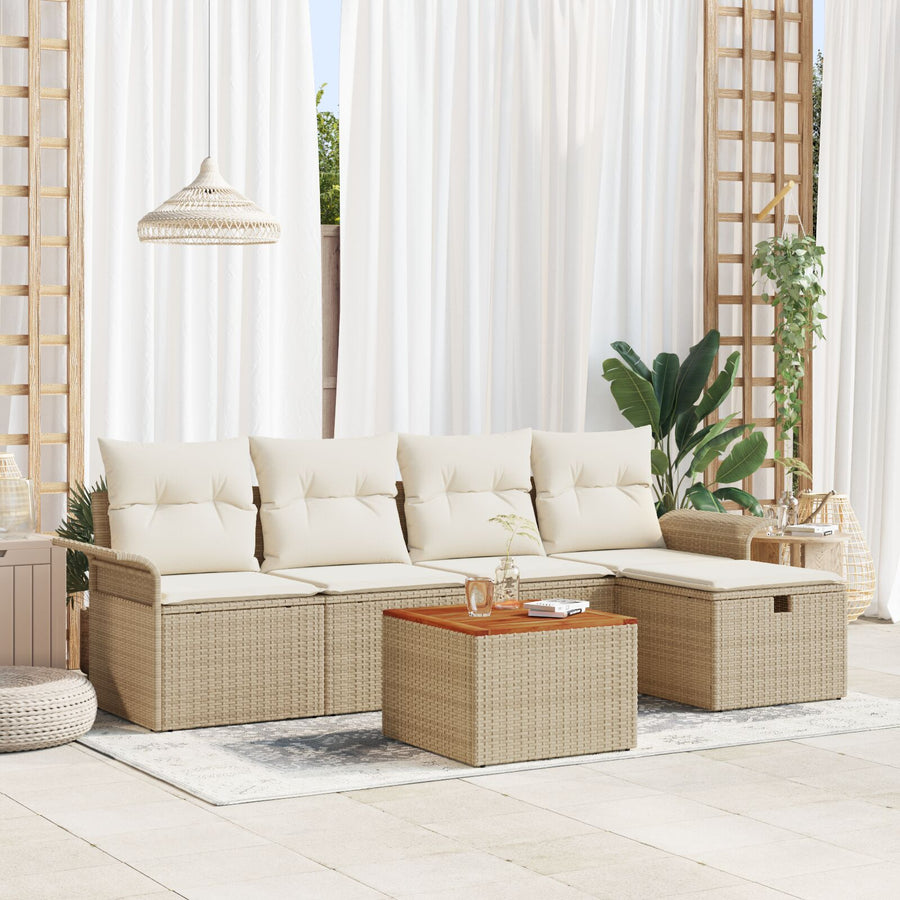 6-Delige Tuinbankset Met Kussens Beige Poly Rattan