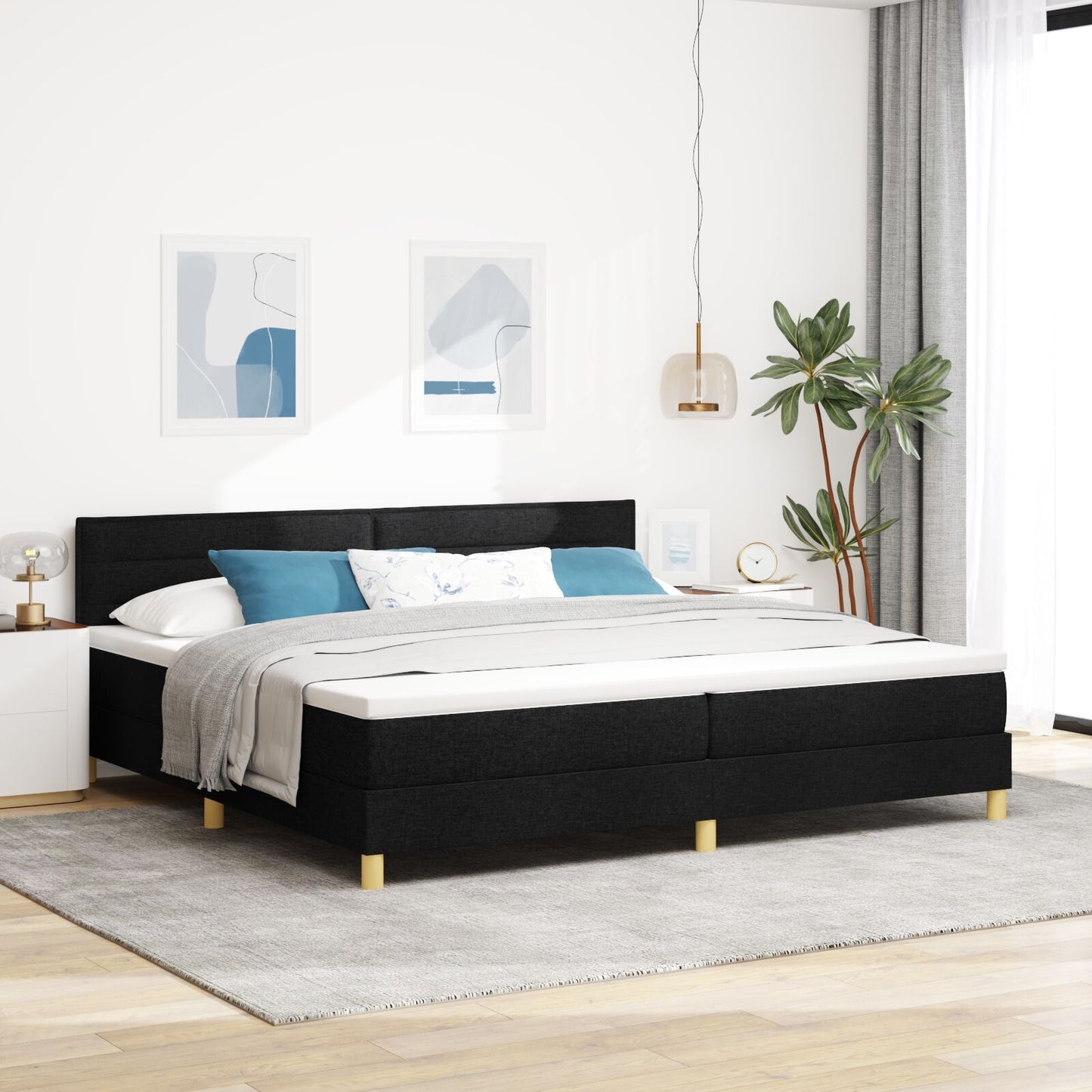 Boxspring Bed Met Matras Stof Zwart 200 x 200 cm Lijnen ontwerp