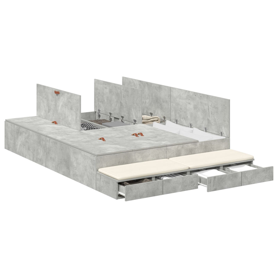 Opbergbedframe Beton Grijs Bewerkt Hout 140 X 190 Cm Artisanaal Eiken