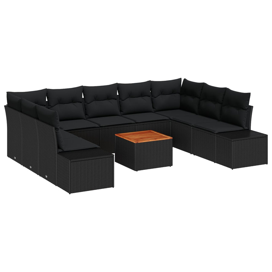 10-Delige Tuin Sofa Set Met Kussens Zwart Poly Rattan Acacia
