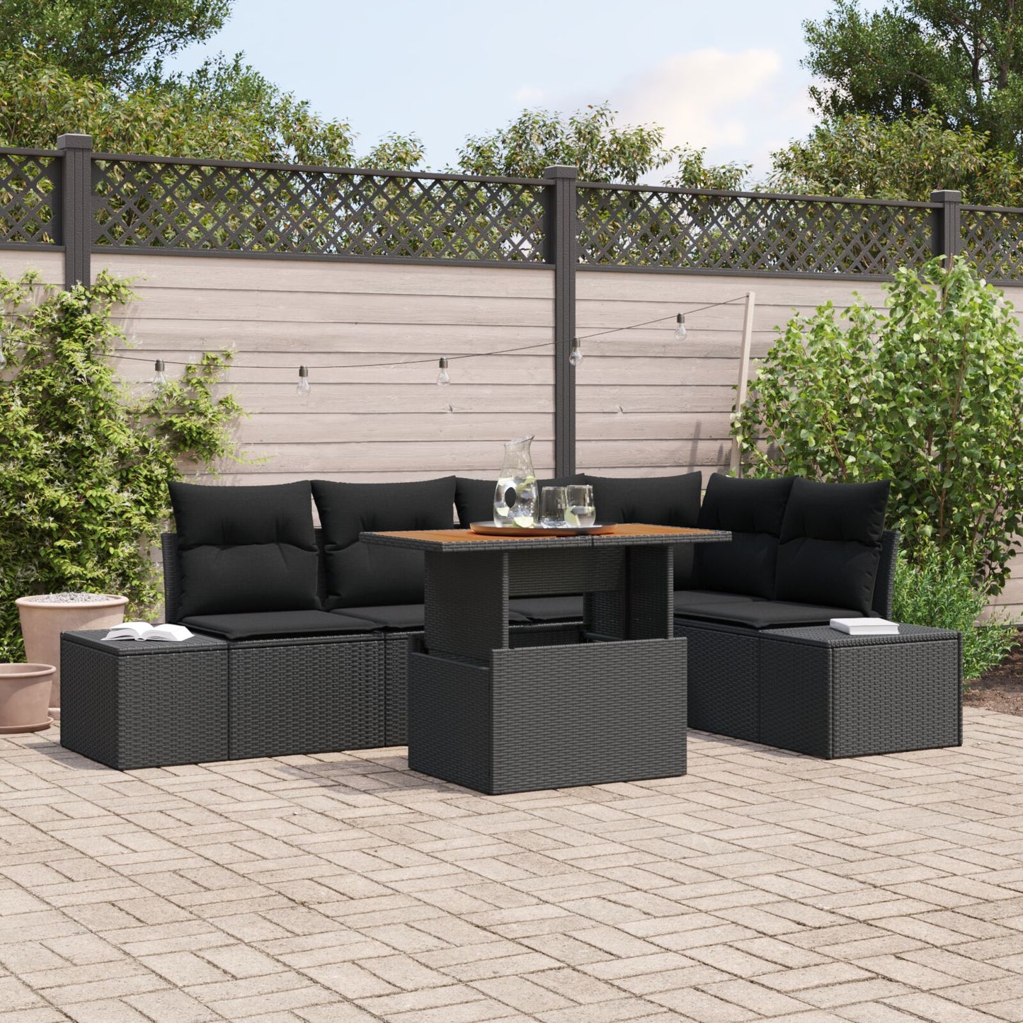 6-Delige Tuin Sofa Set Met Kussens Zwart Poly Rattan