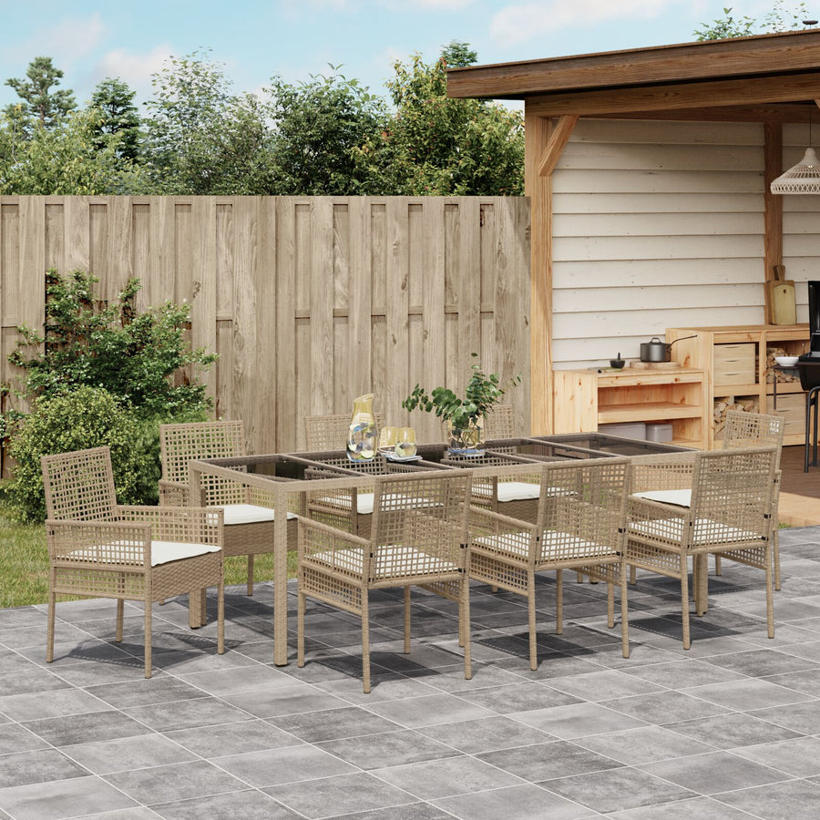 9-Delige Tuin-Dining Set Met Kussens Beige Poly Rattan
