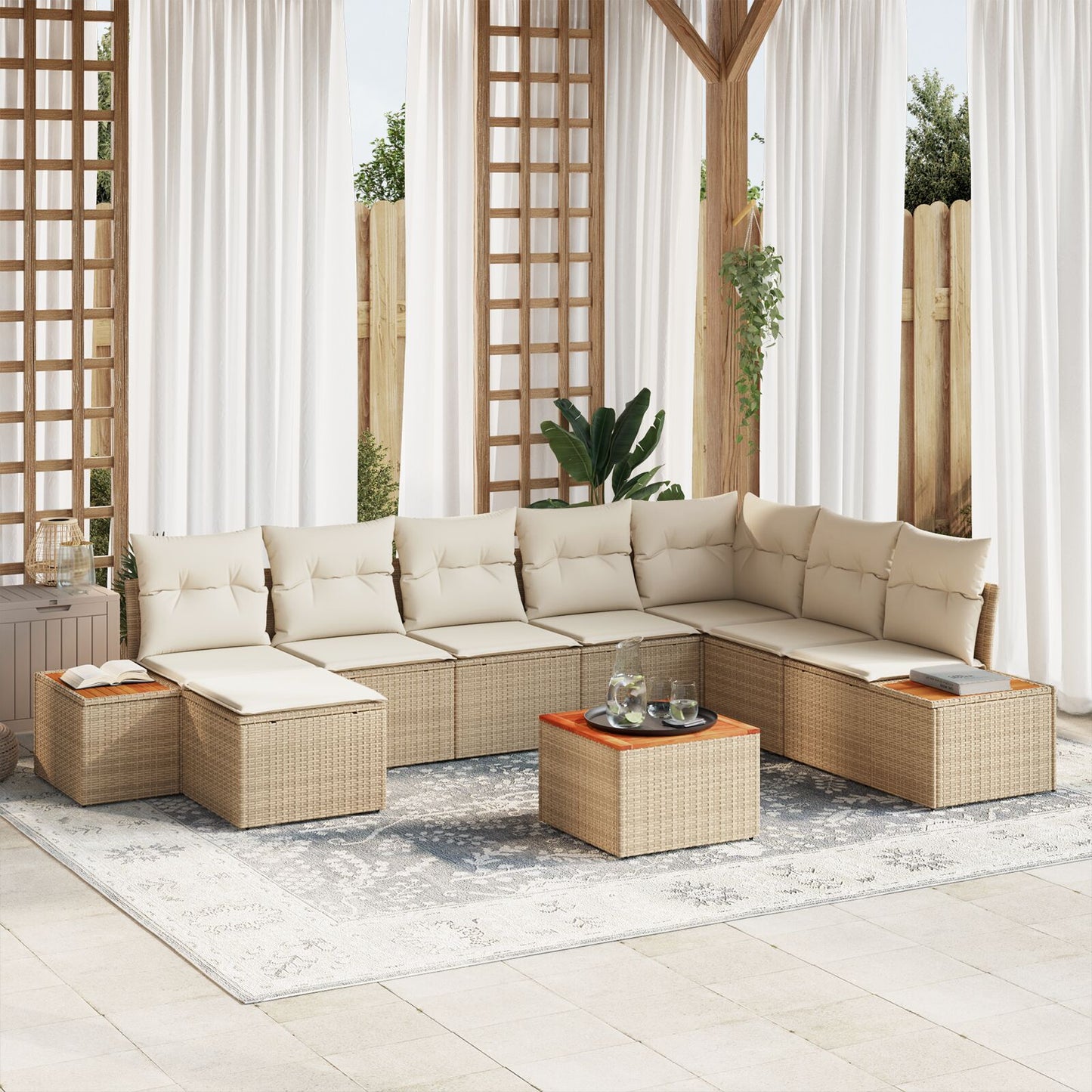 9-Delige Tuinbankset Met Kussens Beige Poly Rattan Acacia