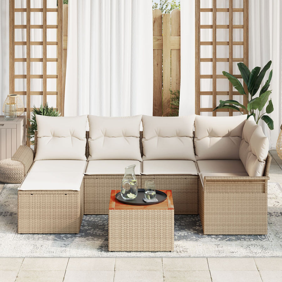 7-Delige Tuin Sofa Set Met Kussens Beige Poly Rattan Acacia
