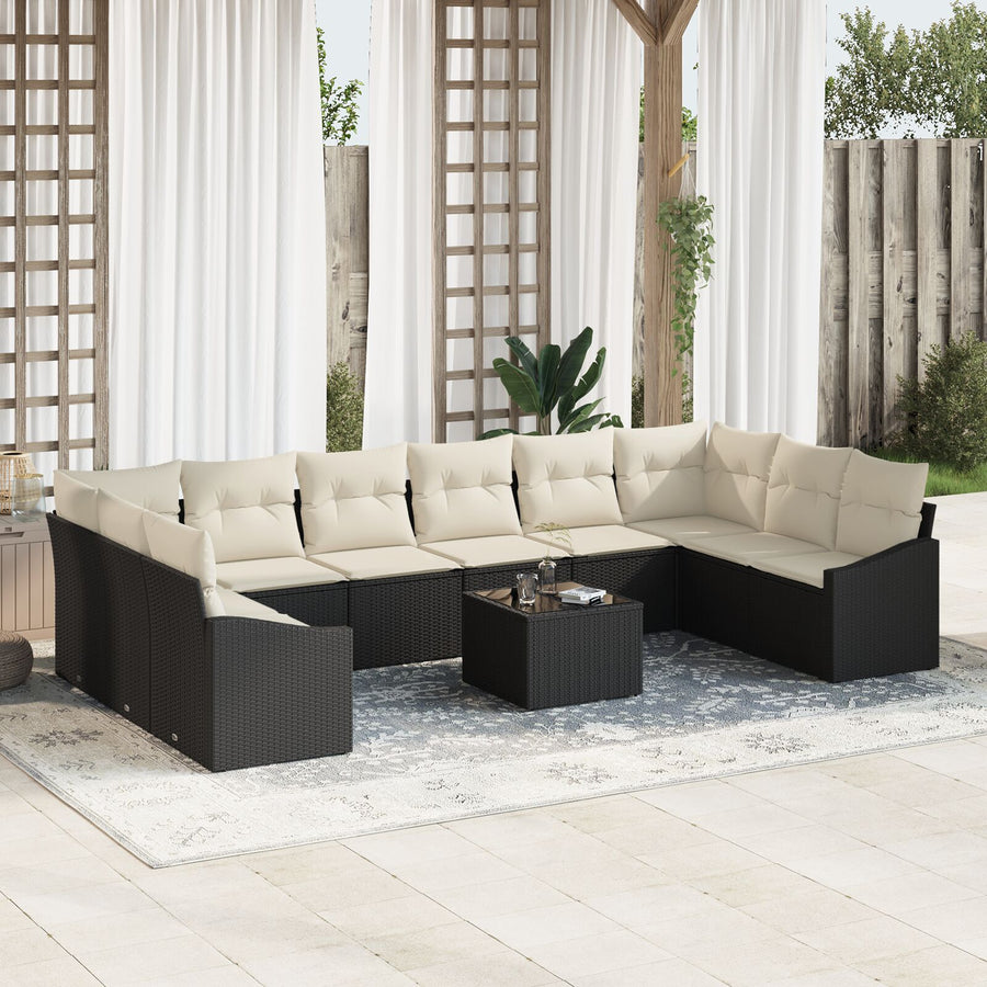 10-Delige Tuin Eetset Met Kussens Bruin Poly Rattan Zwart en wit met tafel