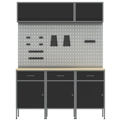 8-Delige Werkbankset - Staal 3x (84 cm) Zwart 3x kast + 3x pegboard + 2x kast met deur