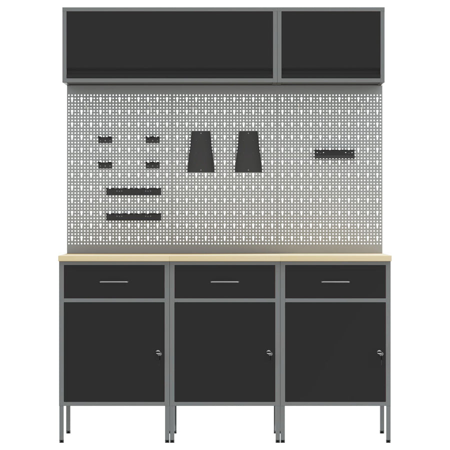 8-Delige Werkbankset - Staal 3x (84 cm) Zwart 3x kast + 3x pegboard + 2x kast met deur