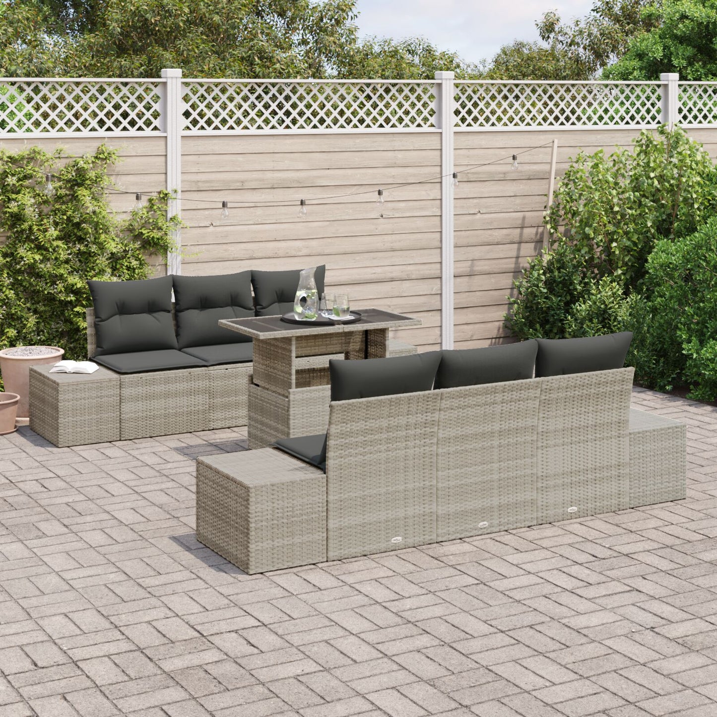 7-Delige Tuinsofa Set Met Kussens Lichtgrijs Poly Rattan