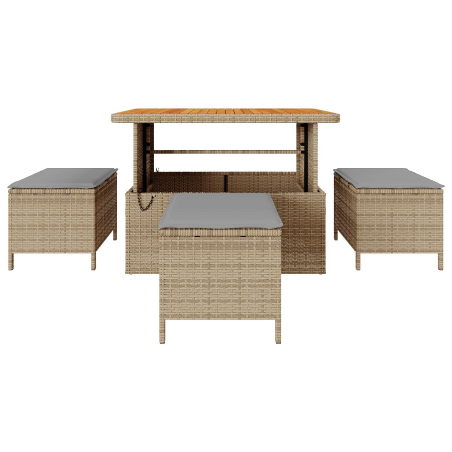 4 Delige Tuin Eettafelset Met Kussens Poly Rattan Acacia 110 cm Beige en grijs 3 krukken