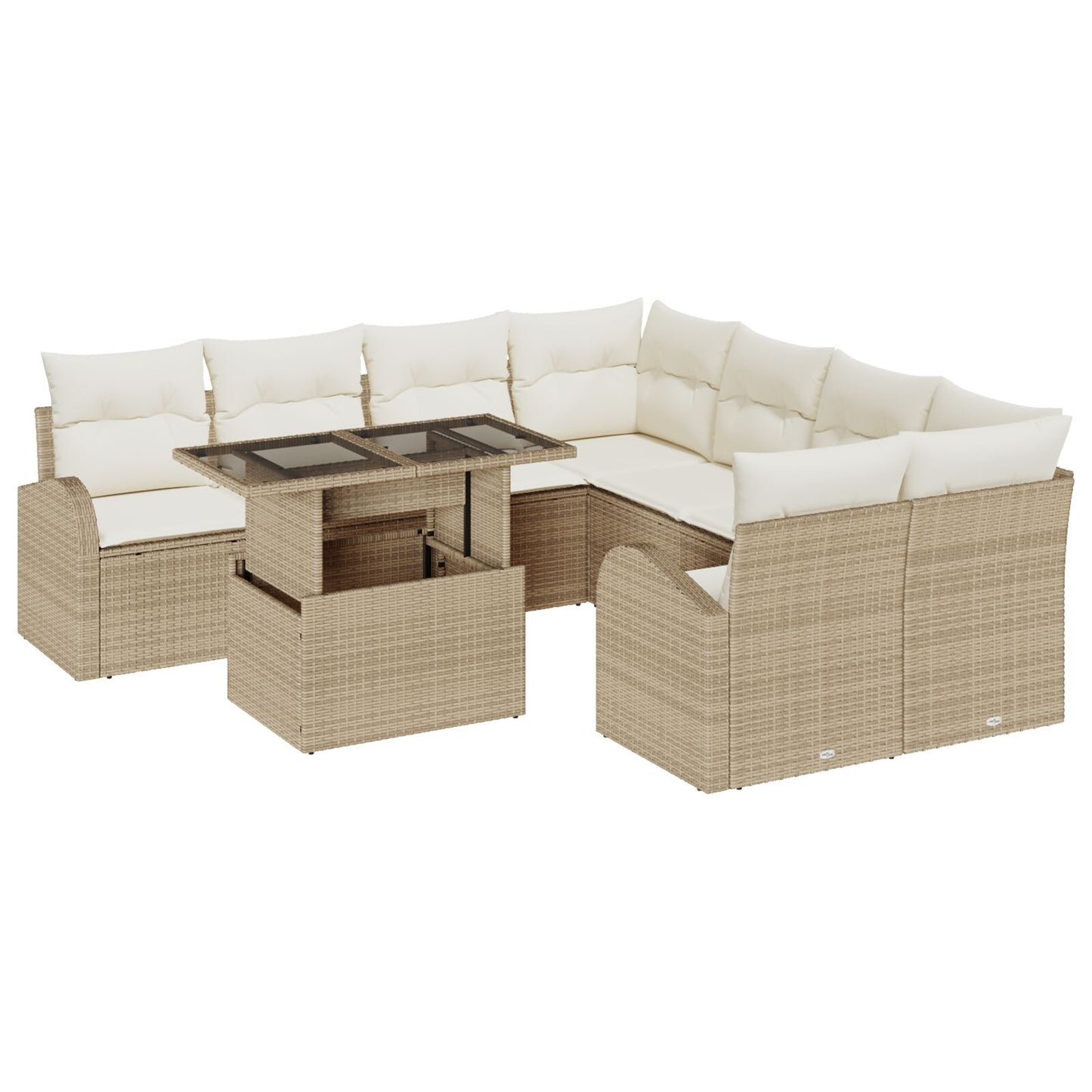 9-Delige Tuin Sofa Set Met Kussens Beige Poly Rattan,  2-Persoons Tuin Sofa Met Opbergruimte & Kussens Beige Poly Rattan