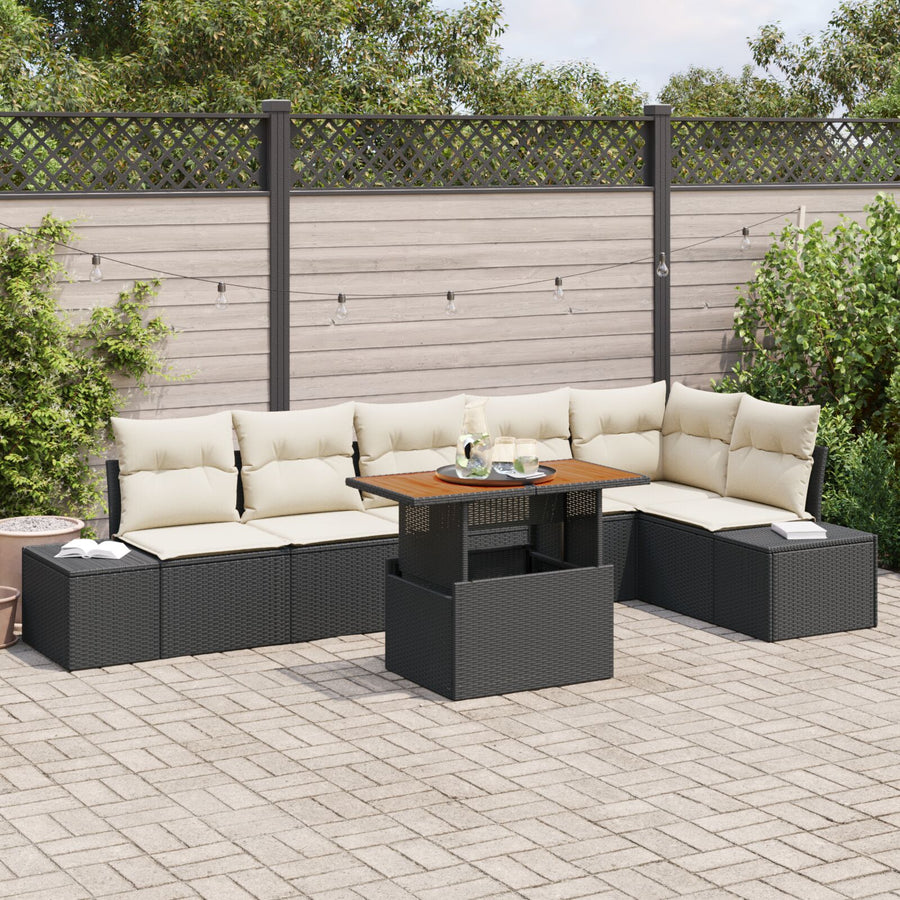 7-Delige Tuin Eetset Met Kussens Zwart Poly Rattan Acacia