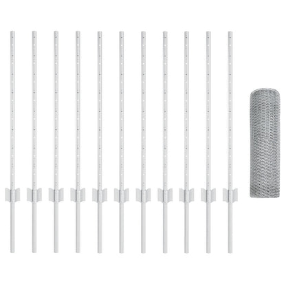 Hekpalen 11 Stuks U-Channel 80 Cm Gegalvaniseerd Staal,  Zeshoekig Hek 0,8X25 M Gegalvaniseerd Staal