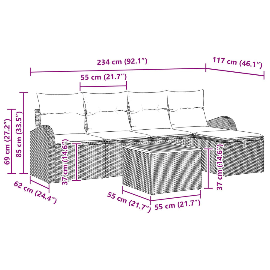 6-Delige Tuinsofa Set Met Kussens Zwart Poly Riet