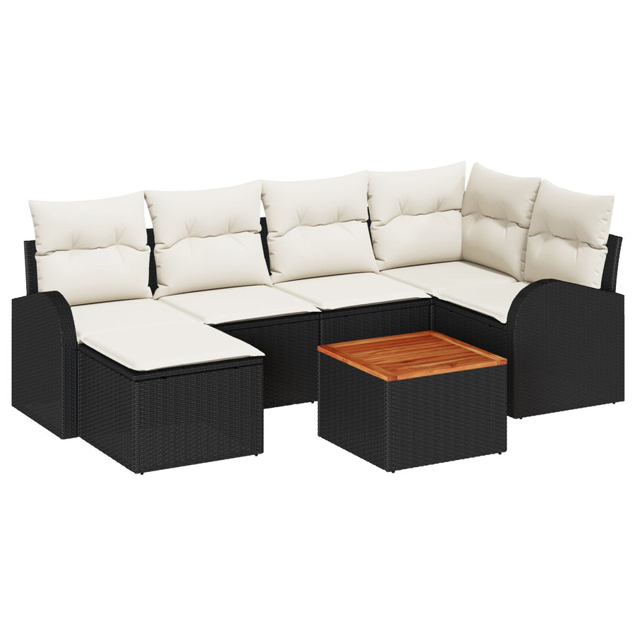 7-Delige Tuin Sofa Set Met Kussens Zwart Poly Rattan Acacia