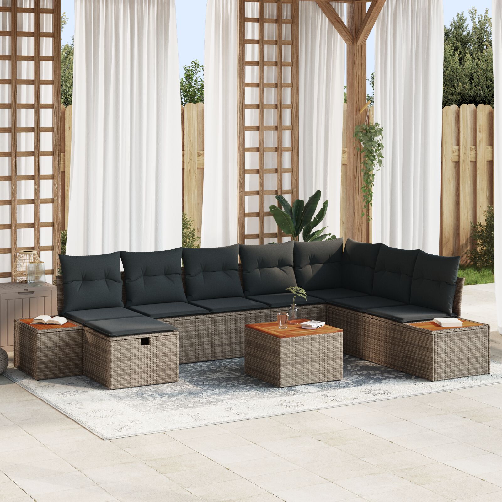 9 Delige Tuin Sofa Set Met Kussens Grijs Poly Rattan