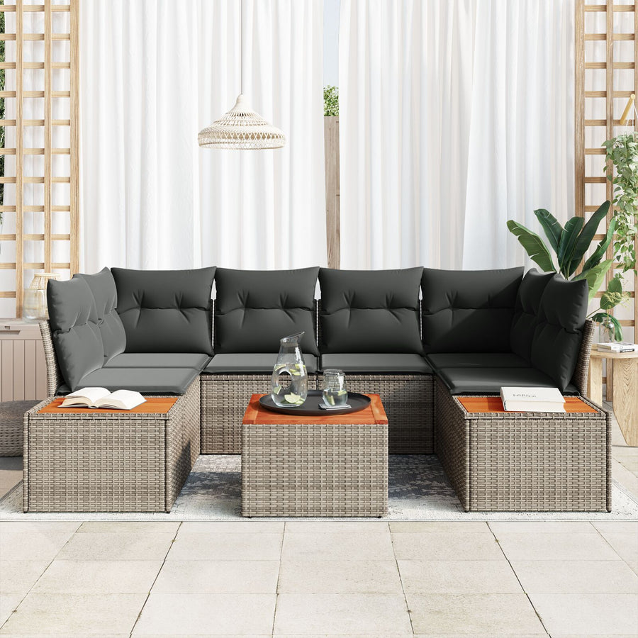 7-Delige Tuin Sofa Set Met Kussens Grijs Poly Rattan Acacia