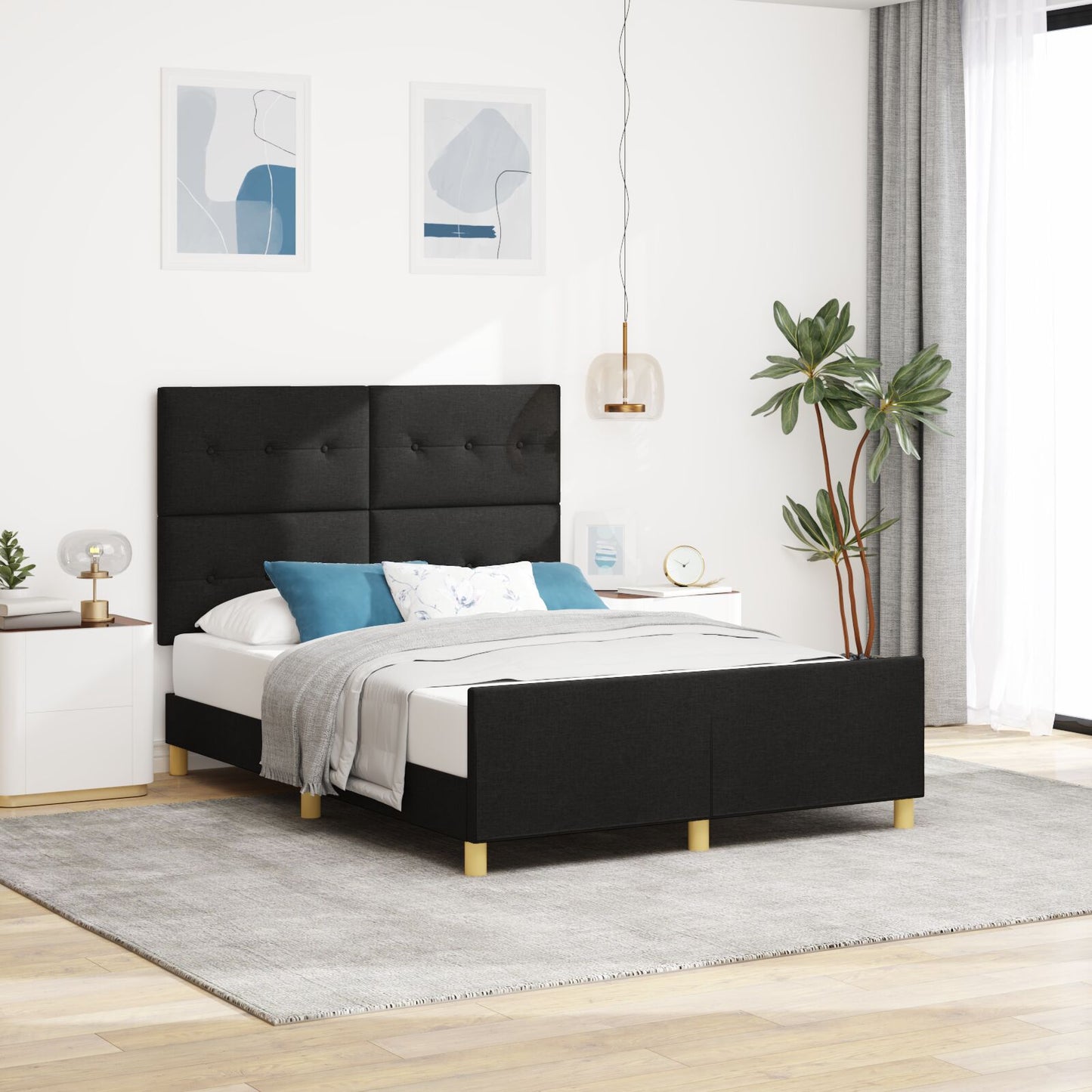 Bed Frame Zwart 140X190 Cm Stof Crème