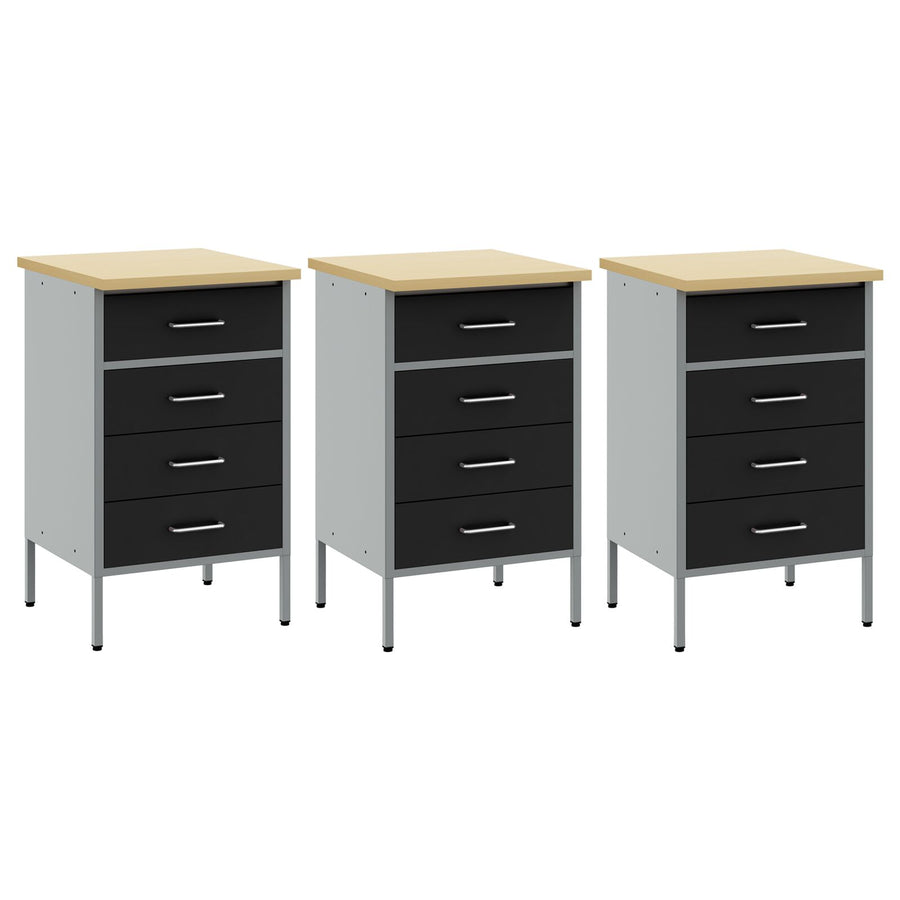 Werktafel 3-Delig En Grijs Hout En Staal 3x (85 cm) Zwart 3x kast