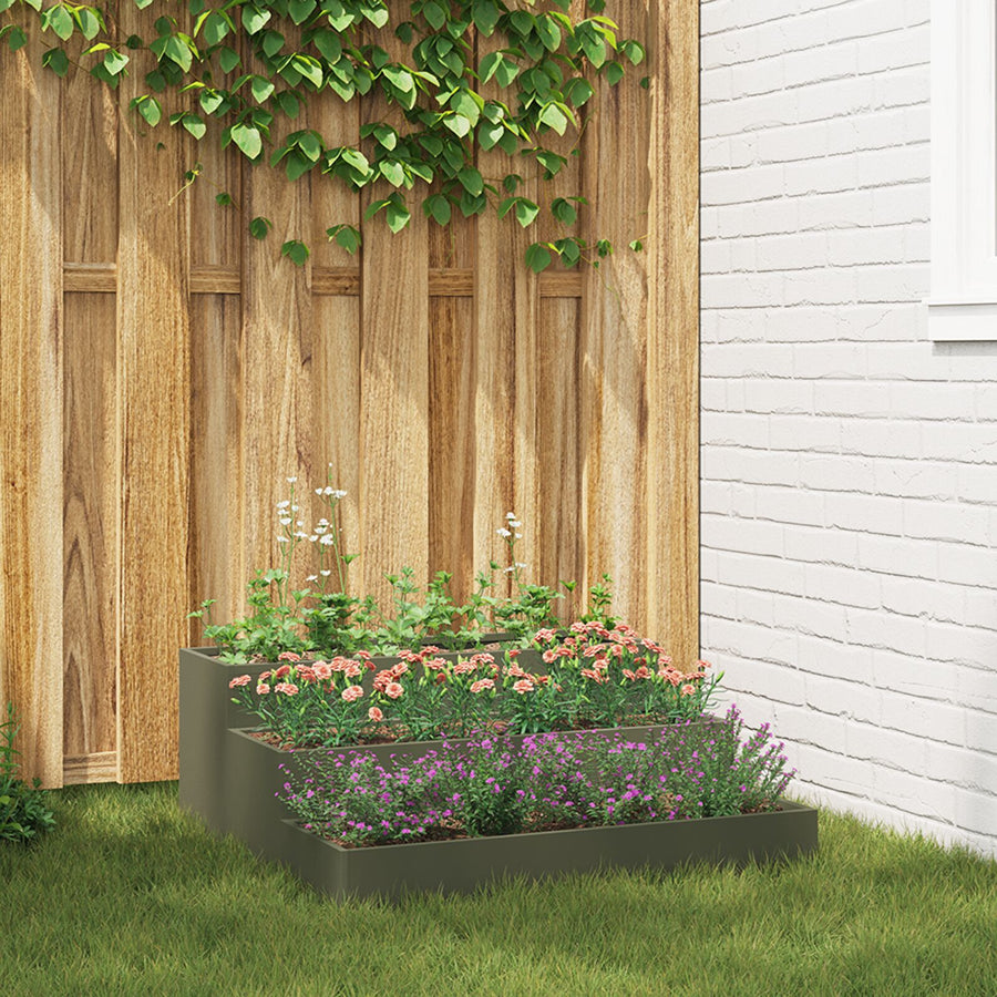 Tuin Plantenbak 3-Laags Staal 90 x 90 x 35 cm Olijfgroen