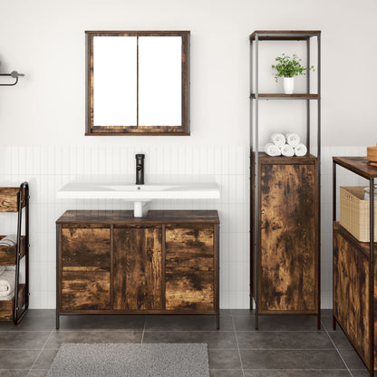 2-Delige Badkamermeubelset Van Rookig Eikenhout Geroosterd eiken Basin kast + badkamer kast
