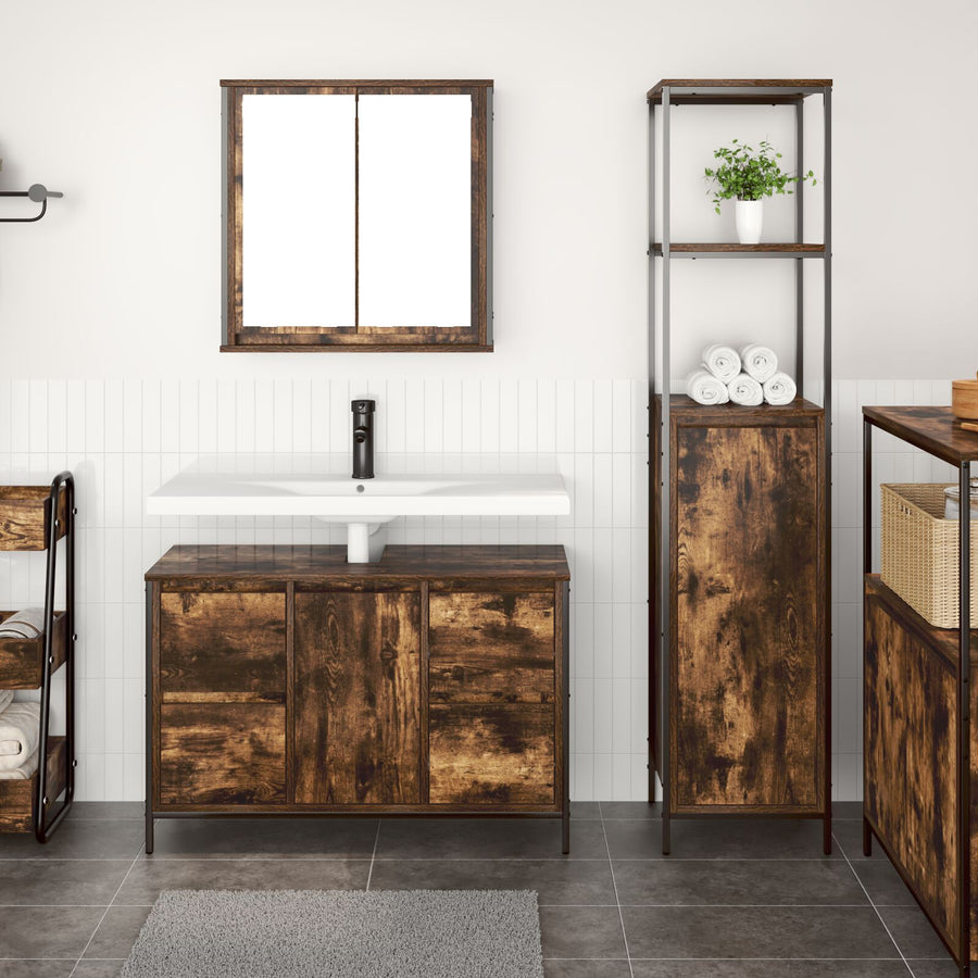 2-Delige Badkamermeubelset Van Rookig Eikenhout Geroosterd eiken Basin kast + badkamer kast