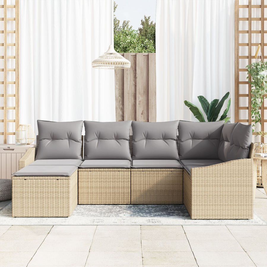 6-Delige Tuin Eetset Met Kussens Beige Poly Rattan