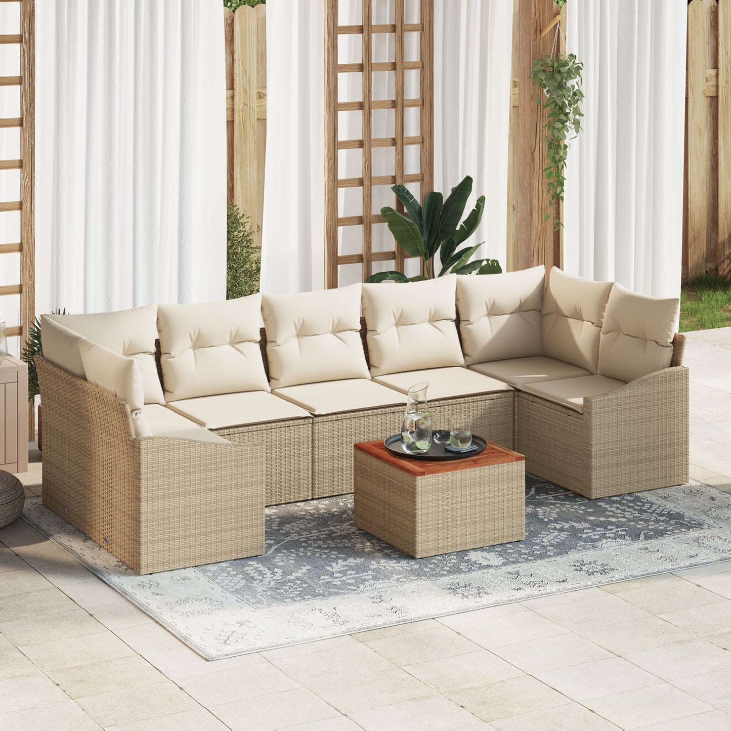8-Delige Tuinbank Set Met Kussens Beige Poly Rattan Acacia