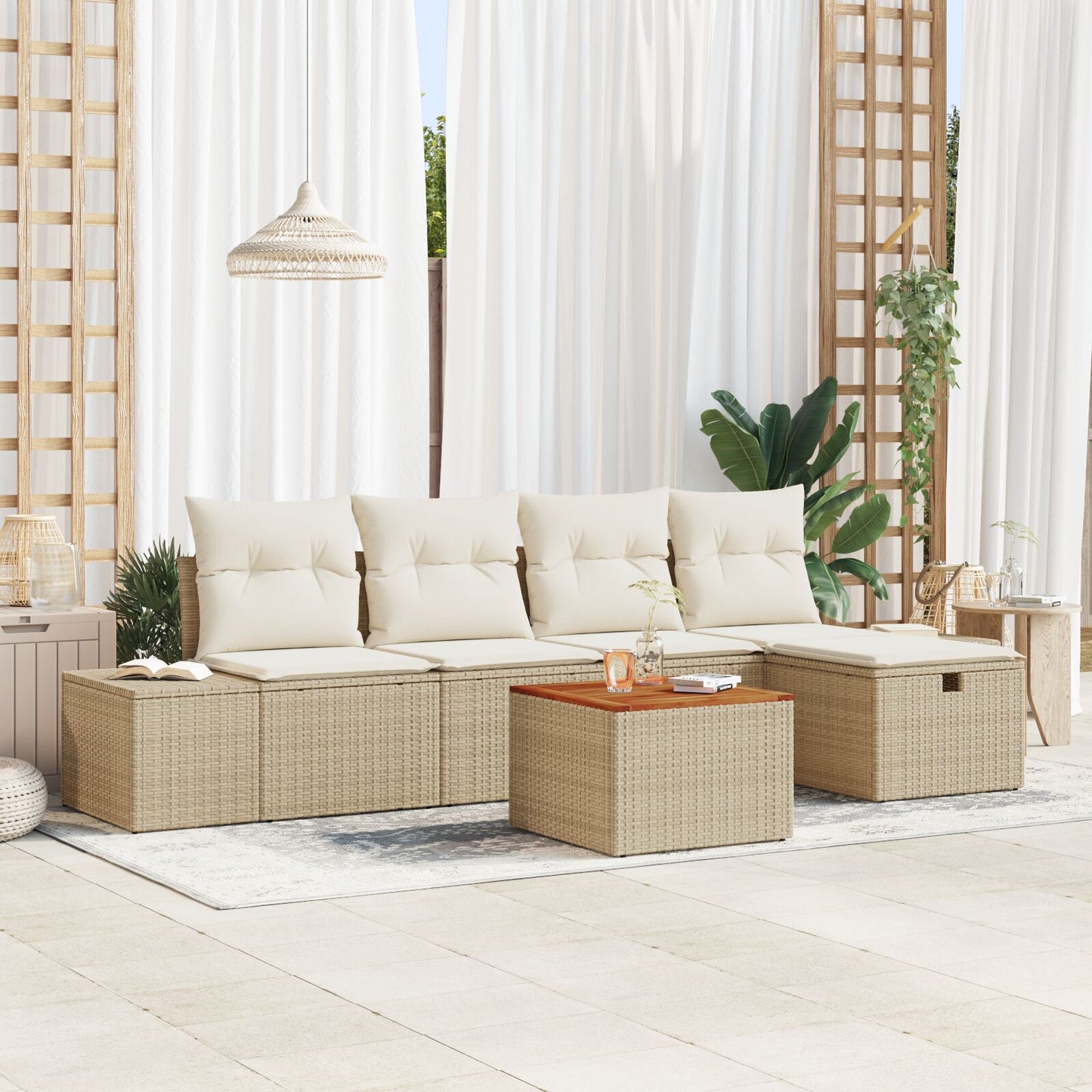 Tuin Sofa Set Set Van 6 Beige Rattan, Polyester, Staal Wit