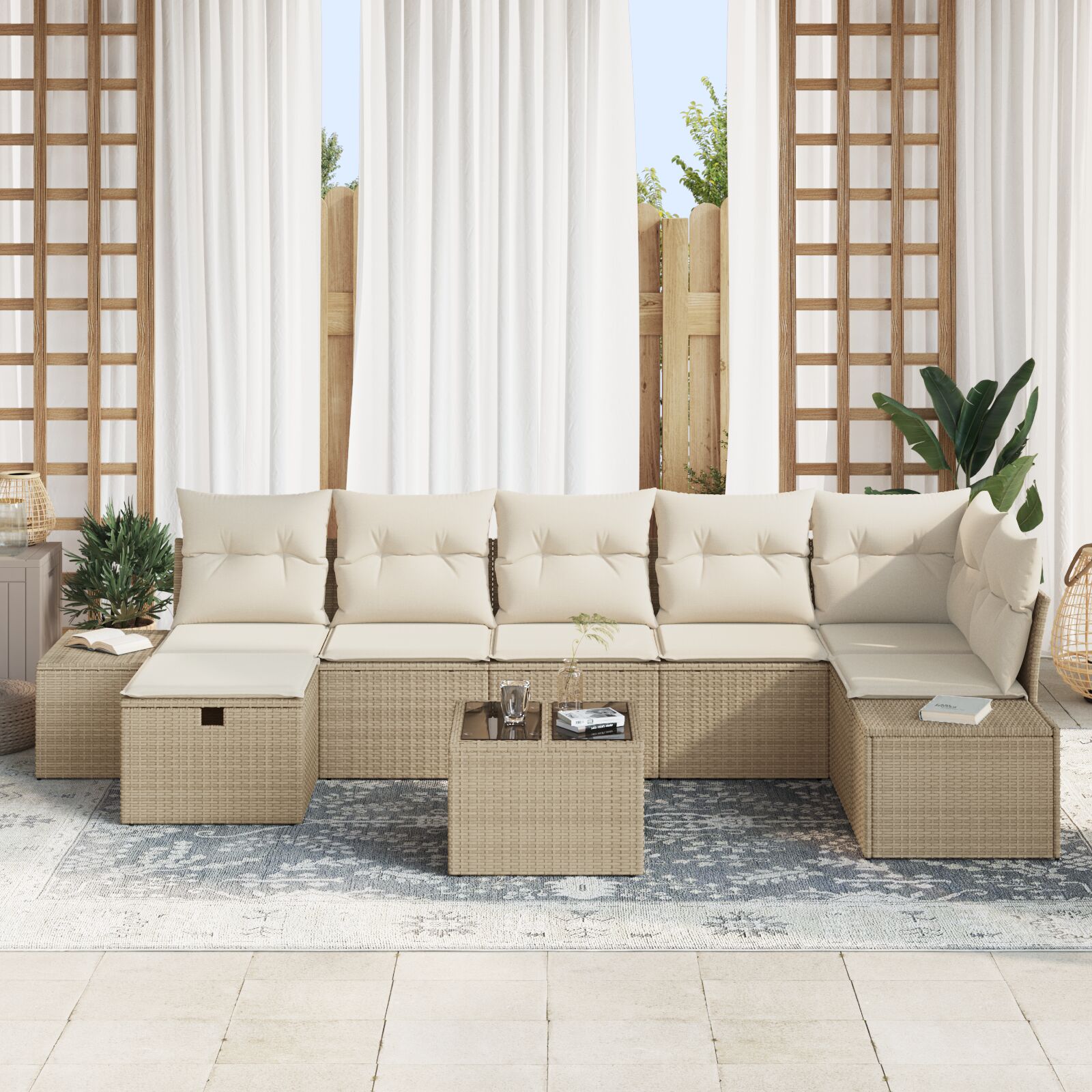 8-Delige Tuinbankset Met Kussens Beige Poly Rattan Wit