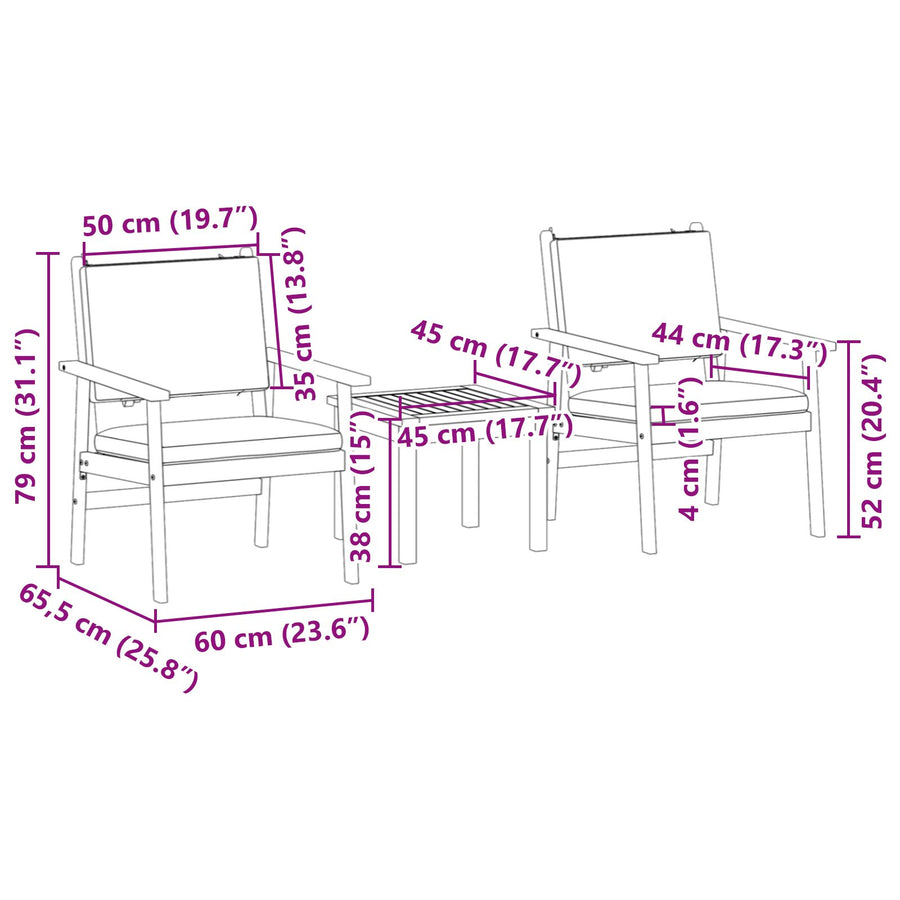 3-Delige Tuin Bistroset Met Kussens Van Massief Acaciahout Crèmewit Tafel + 2 stoelen