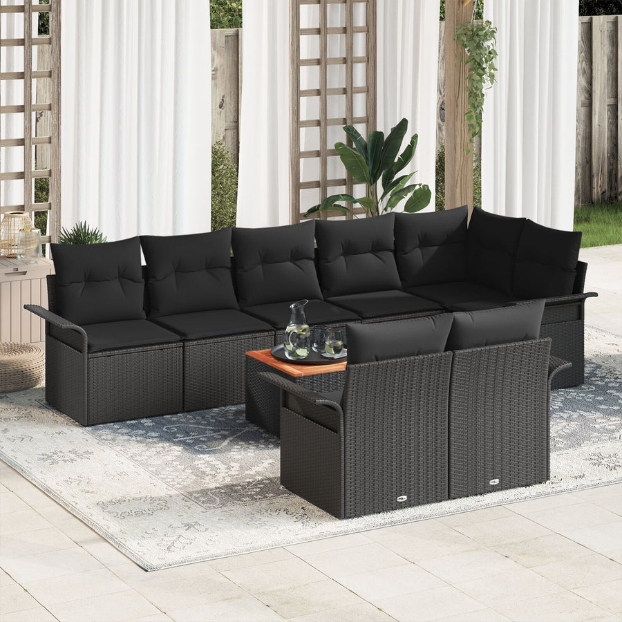 9-Delige Tuin Bankset Met Kussens Zwart Poly Rattan Acacia