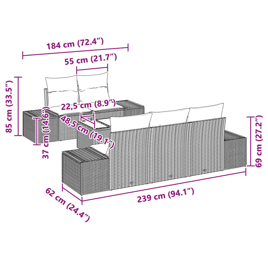 6-Delige Tuinbankset Met Kussens Zwart Poly Rattan