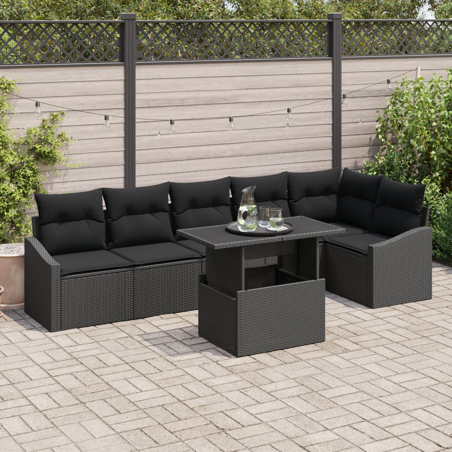 7-Delige Tuin Sofa Set Met Kussens Zwart Poly Rattan