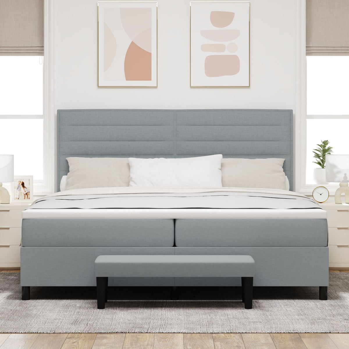 Boxspring Bed Met Matras & Bank Stof Lichtgrijs 200 x 200 cm Lijnen ontwerp