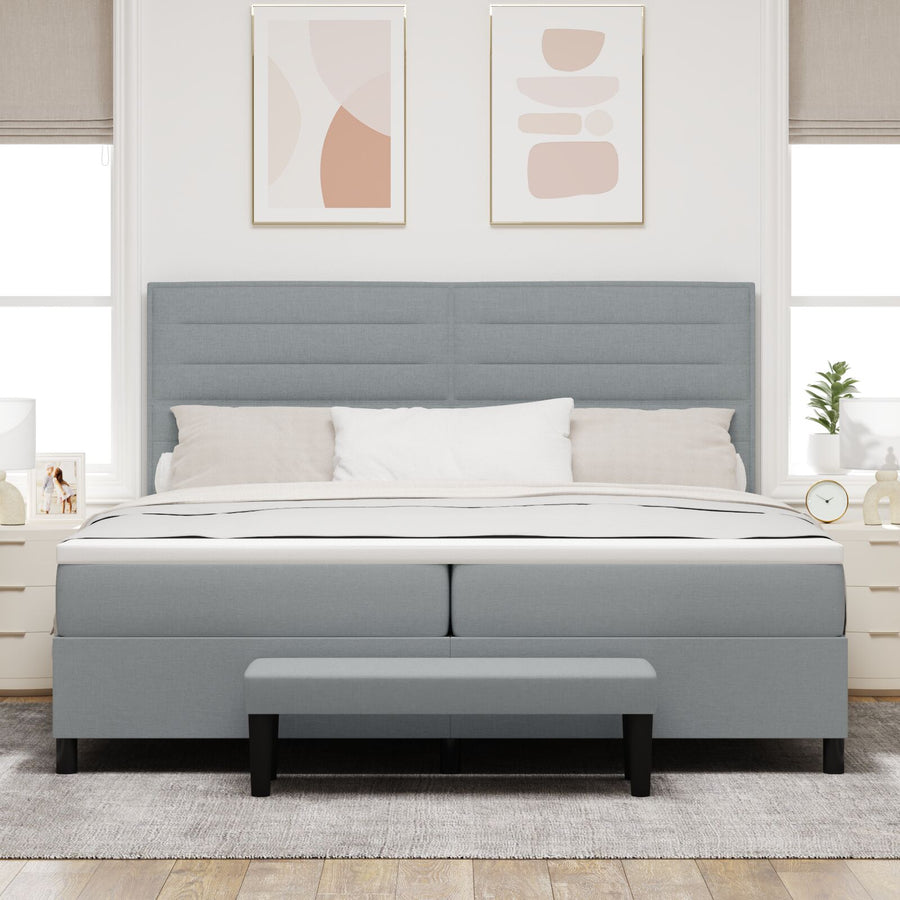 Boxspring Bed Met Matras & Bank Stof Lichtgrijs 200 x 200 cm Lijnen ontwerp