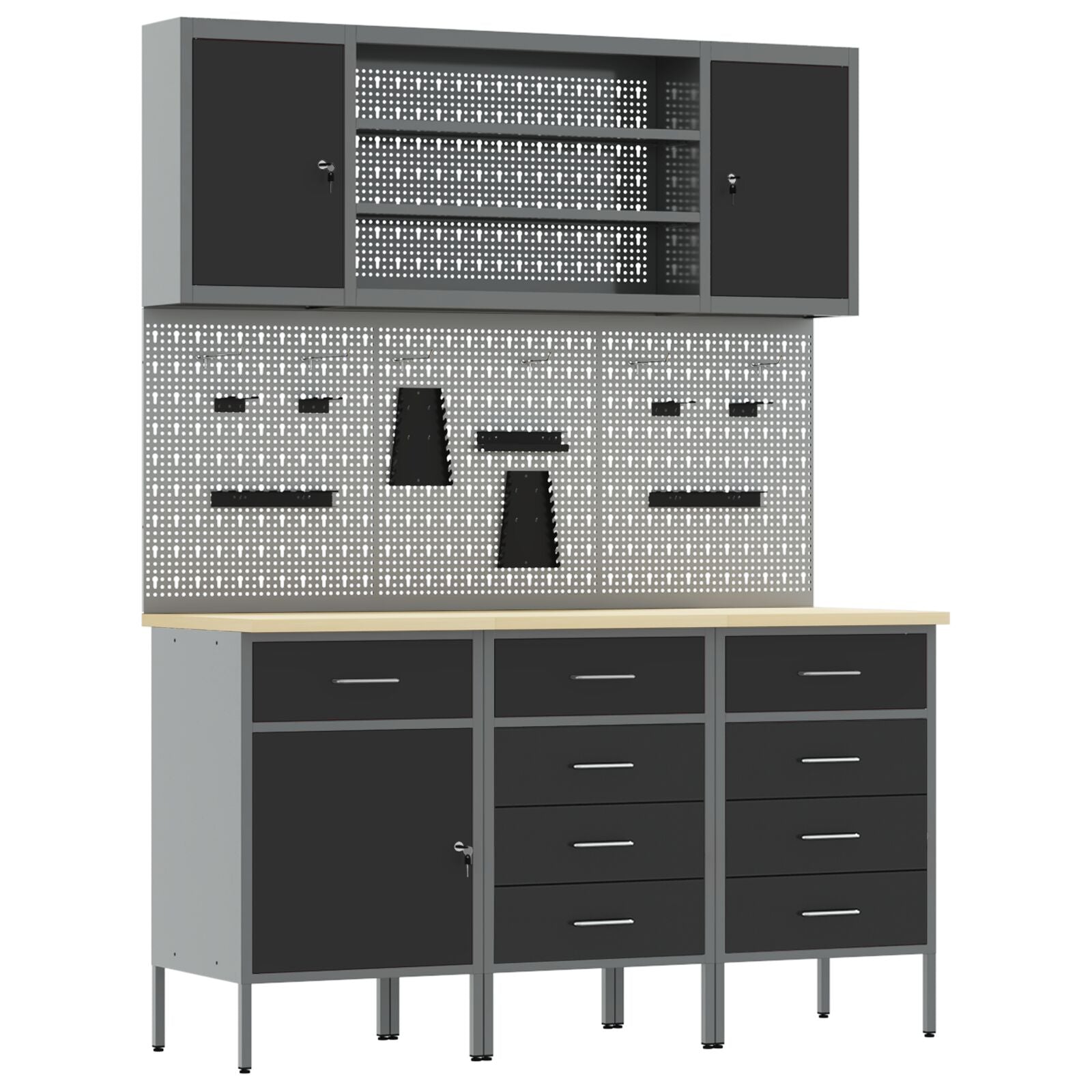 7-Delige Werkbankset Staal 3x (84/85/85 cm) Zwart 4x kast + 4x pegboard