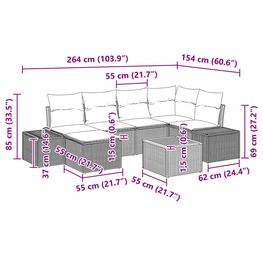 7-Delige Tuin Sofa Set Met Kussens Beige Poly Rattan Acacia