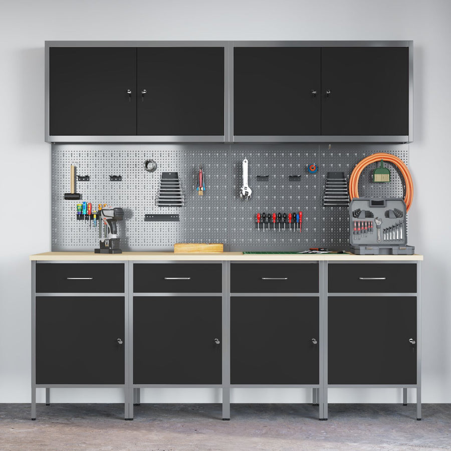 10-Delige Werkcabinet En Pegboard Set Mdf En Metaal 4x (84 cm) Zwart 4x kast + 4x pegboard + 2x gereedschapskast