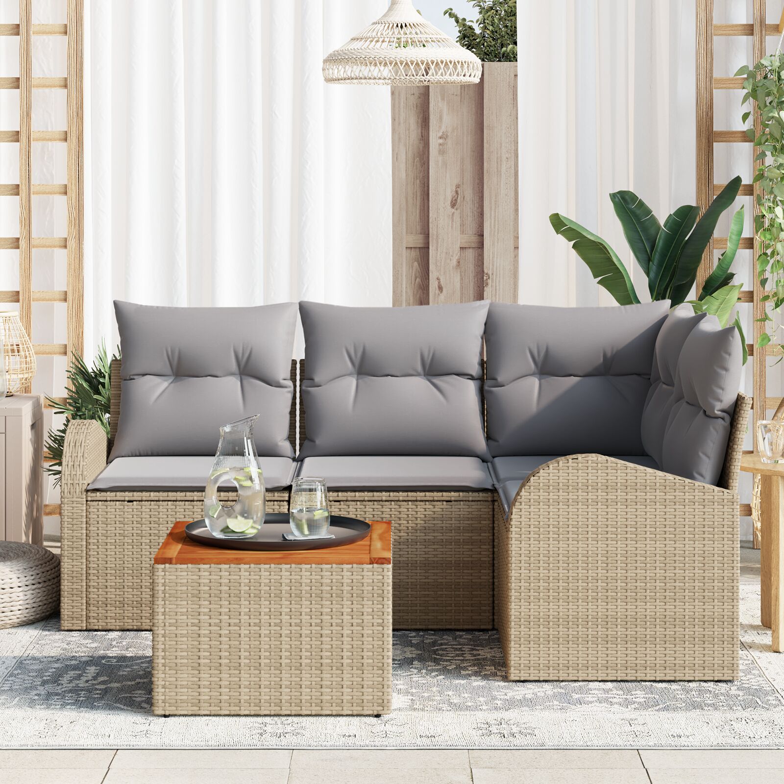 5-Delige Tuinsalonset Met Kussens In Beige Poly Rattan En Acacia
