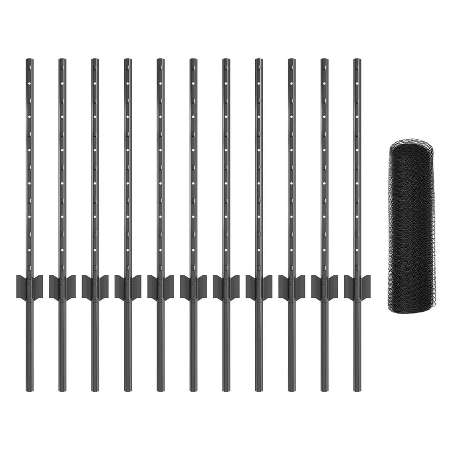 Heiningpalen 11 st U-Channel Grijs 60 cm Staal, vidaXL Zeshoekige Heining Grijs 0.6x25 m Staal