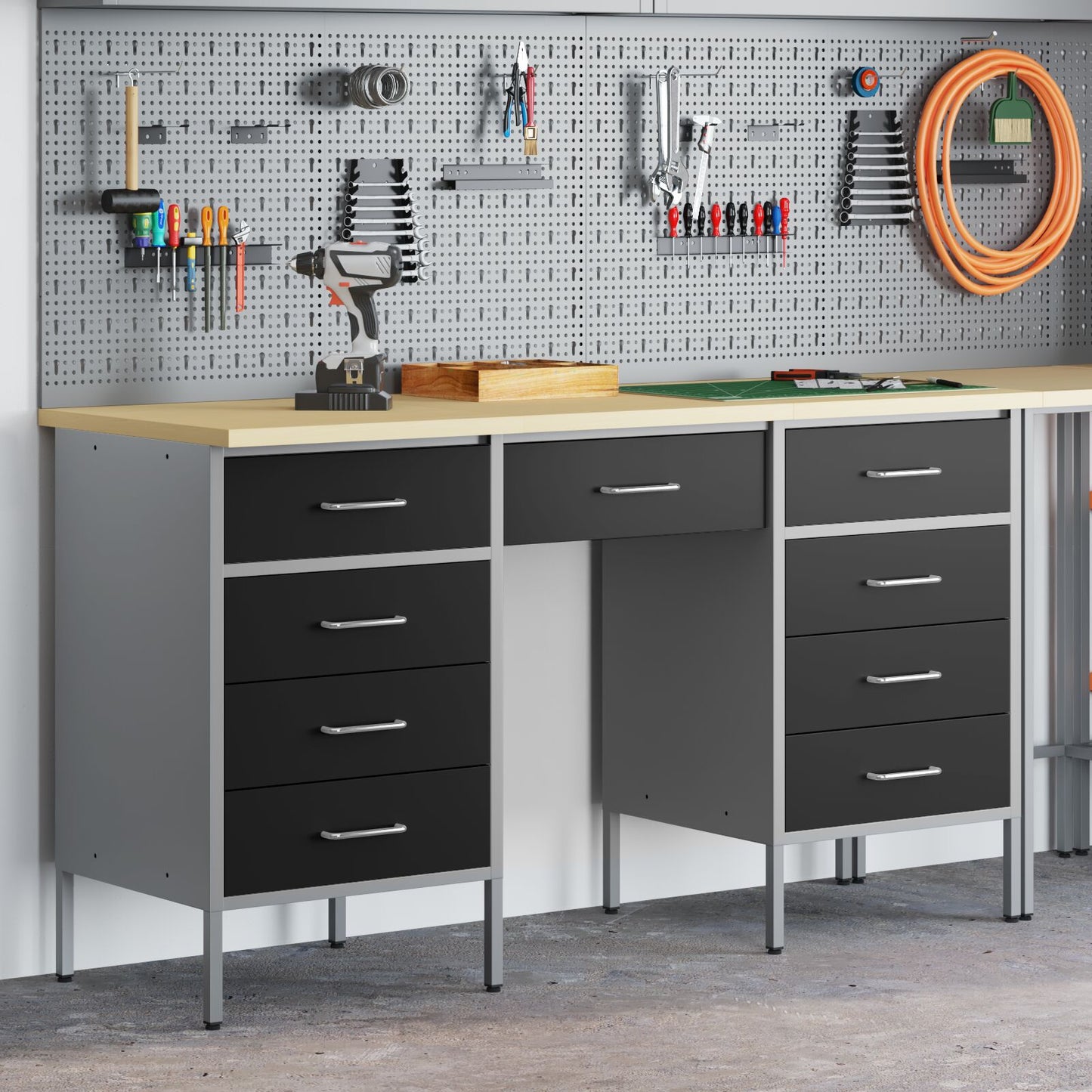 3-Delige Werkcabinet En Tafel Set Zwart Geengineerd Hout & Staal