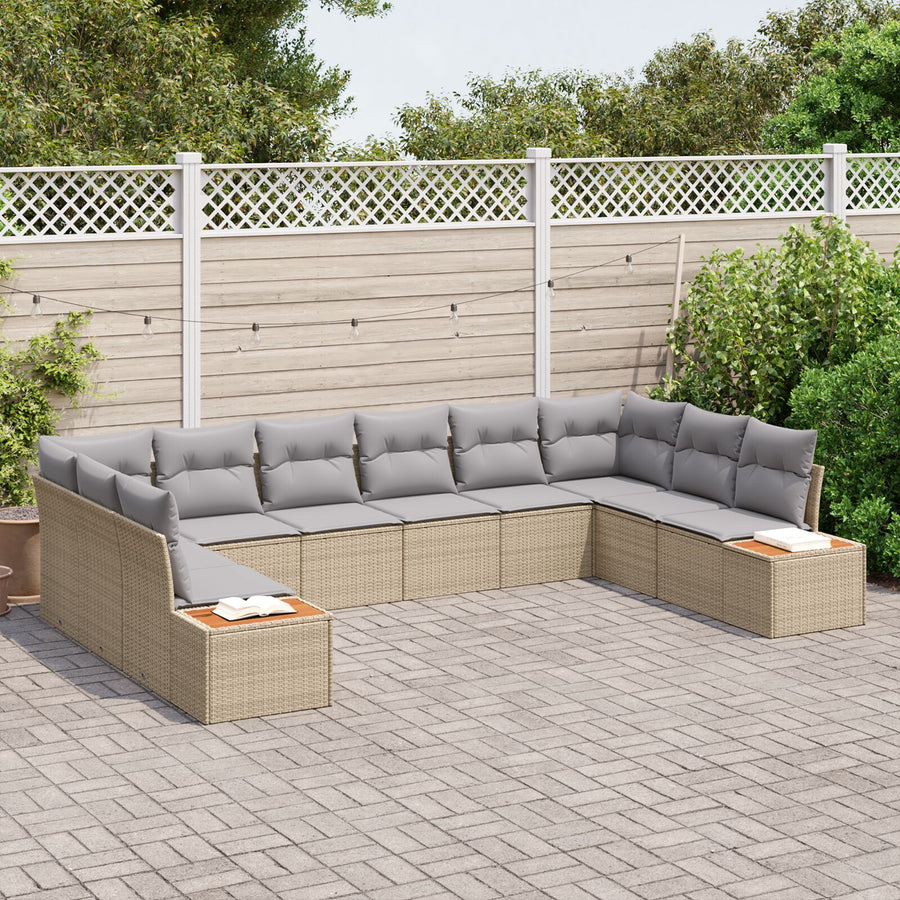 10-Delige Tuin Sofa Set Met Kussens Beige Poly Rattan Acacia