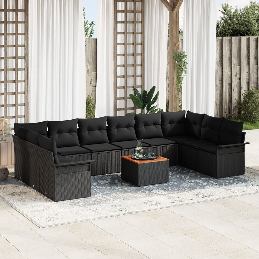 11-Delige Tuinbankset Met Kussens Zwart Poly Rattan Acacia