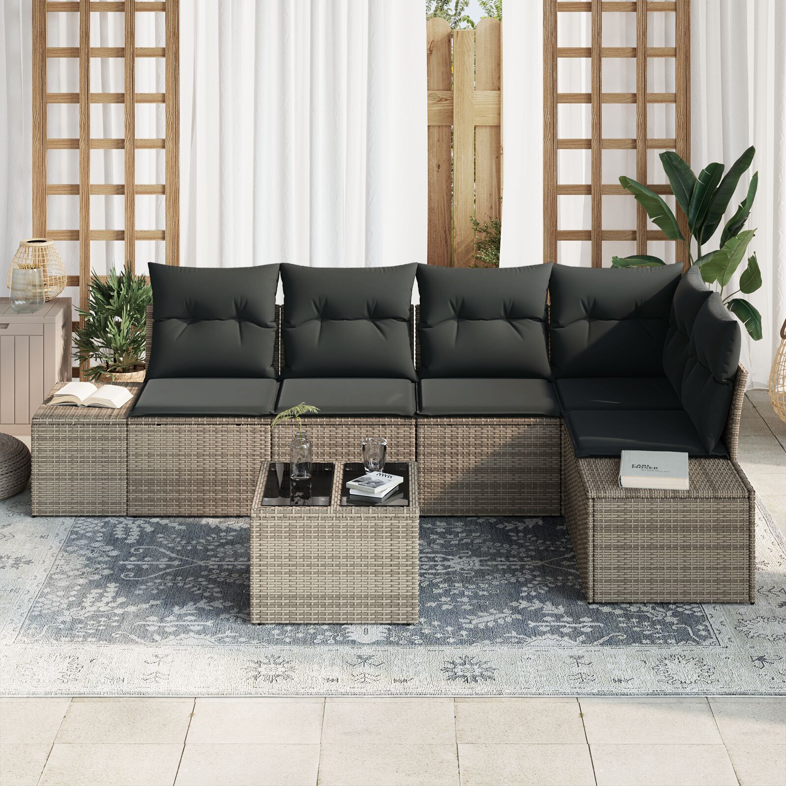 5-Delige Tuinbankset Met Kussens Zwart Poly Rattan Grijs met tafel